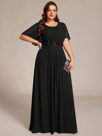 EVERPRETTY Plus Size Black Chiffon Applique Bridesmaid Dress, Suitable For Weddings, Parties And Holidays, Women