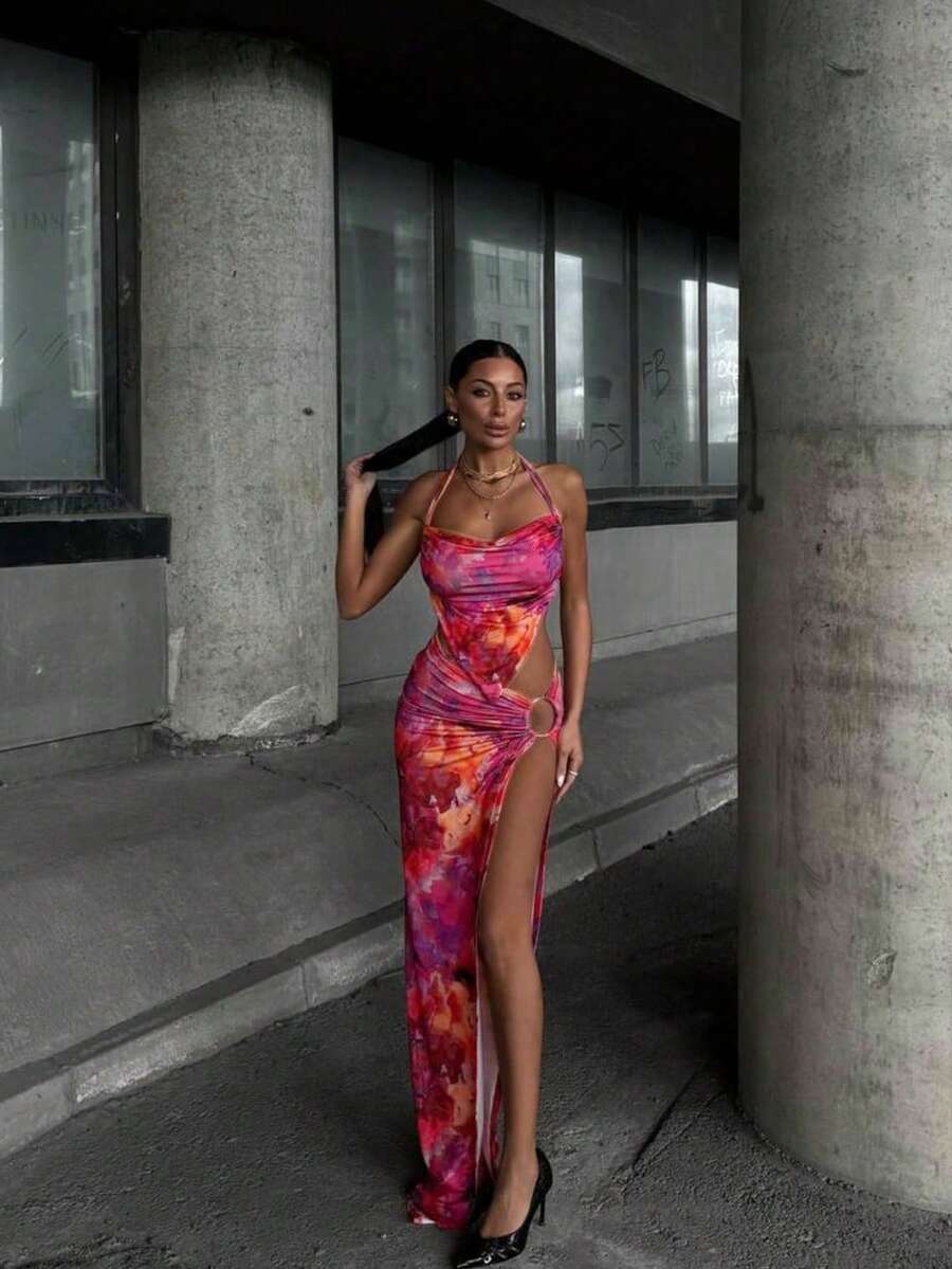 Women's Elegant Solid Color Backless Split Hem Ruffle Formal Party Evening Dress, Suitable For Wedding And Formal Dinner - Pink - View 1