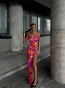 Vestido formal de fiesta elegante de unicolor con abertura en la espalda, bajo con volantes, adecuado para bodas y cenas formales