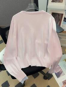 Korean Style Sweet & Cute Girl Slouchy Splice V-Neck Contrast Color Long Sleeve Sweater Cardigan, Spring/Autumn - Pink Gray - View 6