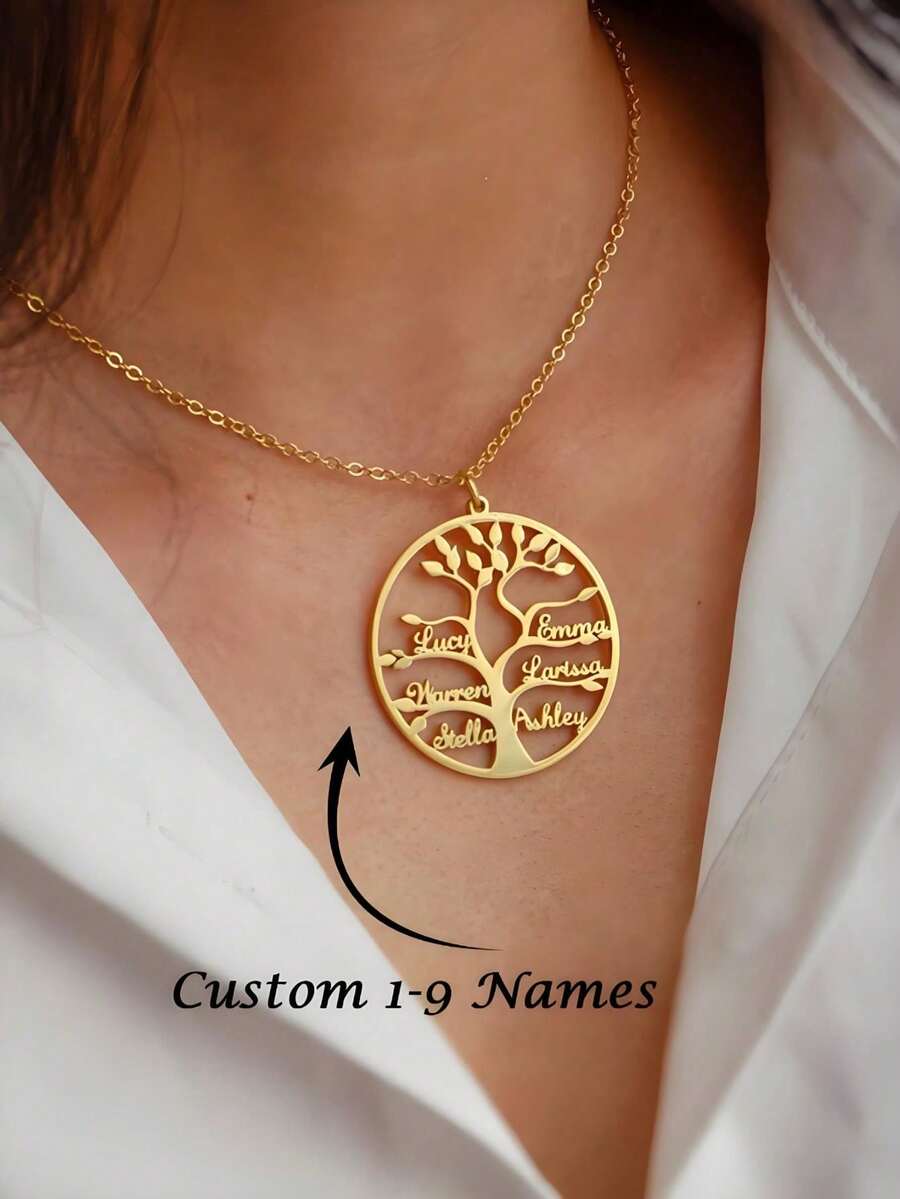 Personalized Family Name Necklace Stainless Steel Heart Tree Of Life Pendant Necklace For Women And Men Suitable For Family Gifts Can Be Customized With 1-9 Names Christmas Gifts Family Gifts For Family Members - Gold - View 1