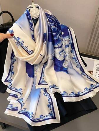 1pc Women Floral Print Faux Silk Scarf, Fashion Versatile Shawl For Spring/Autumn, Travel & Daily Decor For Dress