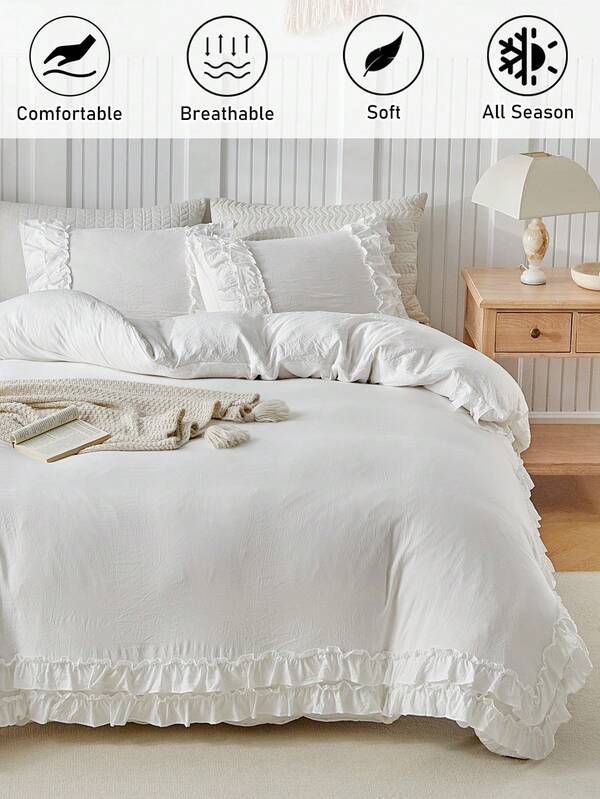 2/3pcs White Bedding Set, Vintage Chic Style Bedding Set, Soft Breathable Washed Microfiber Ruffled Duvet Cover, Cute Duvet Cover, Suitable For Girls And Women (1 Duvet Cover + 1/2 Pillowcase)