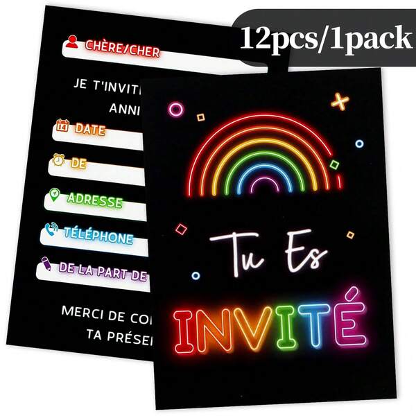 12pcs French Neon Party Invitation Cards - Rainbow Neon Design On Black Background, Suitable For Boys, Girls, Children's Birthday Party, Celebration And Other Party Invitations