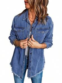Vetinee Women's Oversized Button Up Frayed Hem Shacket Long Sleeve Pockets Denim Jean Jacket - 宵藍 - 查看 2