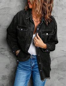 Vetinee Women's Oversized Button Up Frayed Hem Shacket Long Sleeve Pockets Denim Jean Jacket - 純黑色 - 查看 5