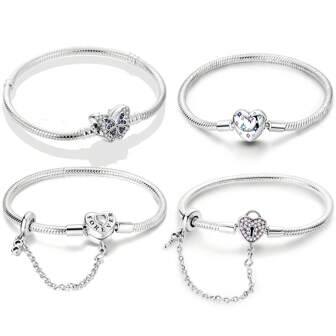 1 Pieza Brazalete plateado en plata con diseño básico brillante, brazalete tipo serpiente con dijes de mariposa, corazón y estrella, perfecto para personalizar con cuentas y dijes, ideal para uso diario o como regalo de aniversario