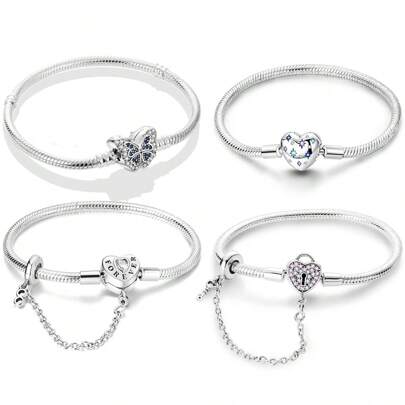 1 Pc Silver Plated Sparkling Basic Design Bracelet Snake Bangle Butterfly Heart Star Charm Bracelet For Custom Beading Pendant Perfect For Daily Wear Or Anniversary Gift