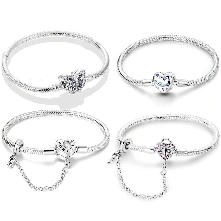 1 件镀银闪亮基本款设计手链蛇形手镯蝴蝶心形星形手链定制串珠吊坠非常适合日常佩戴或周年纪念礼物