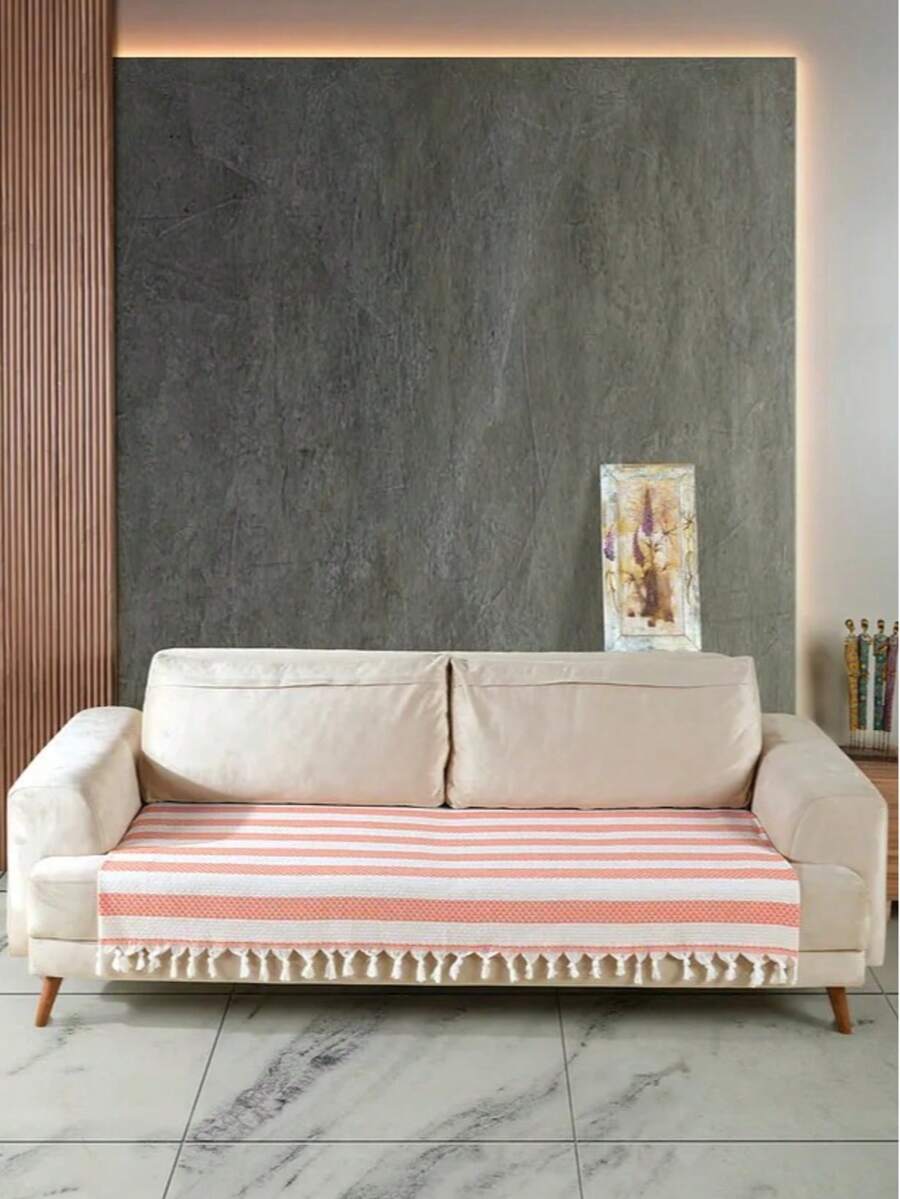 Made In Turkey - Summer Sofa Cover 115x200 Cm – Beige Striped %100 Turkish Cotton Throw For Seating Area Protection - Orange - View 1