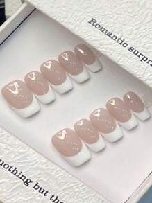 手工制作的 10 件套手工美甲，佩戴美甲，粉色法式短按美甲贴片，快速美甲，按压指甲美甲用品指甲 - 彩色 - 查看 5
