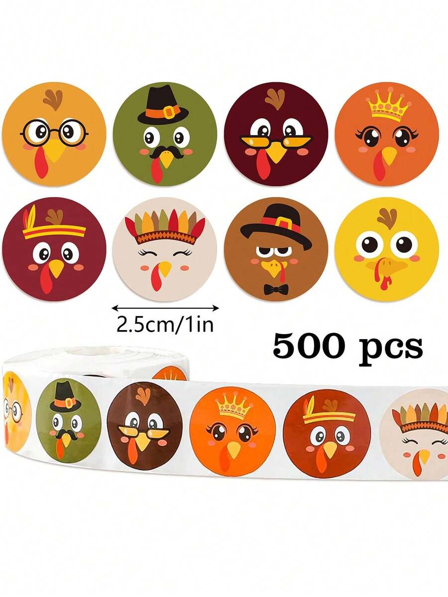 500pcs Cute Turkey Stickers, 1 Inch Round 8 Cartoon Patterns ...