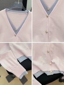 Korean Style Sweet & Cute Girl Slouchy Splice V-Neck Contrast Color Long Sleeve Sweater Cardigan, Spring/Autumn - Pink Gray - View 8