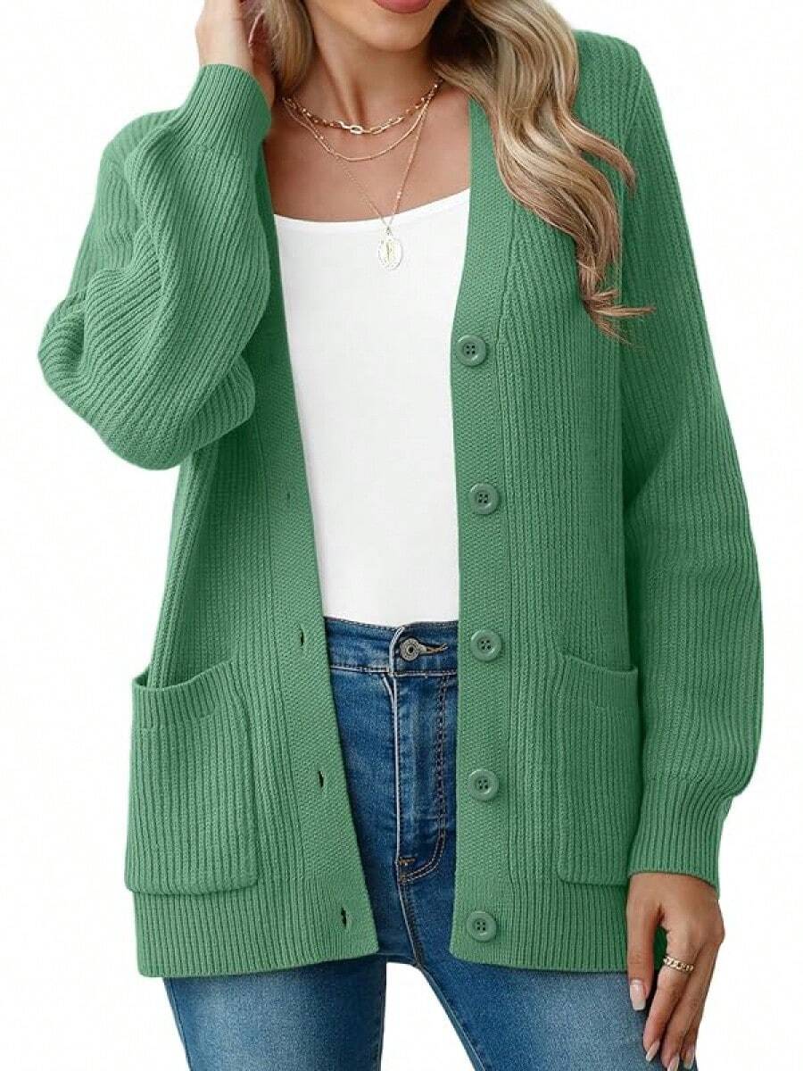 Women Chunky Knit Cardigan Sweater Long Sleeve Button Up Cardigan With Pocket Sweater Coat Fall And Winter, Fashionable Knitwear SLK8 - Xanh ngọc lục bảo - Xem 1