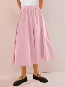 Womens A-Line Midi Skirt Elastic High Waist Pleated Flowy Swing Casual Long Skirt With Pocket - Baby Pink - View 5