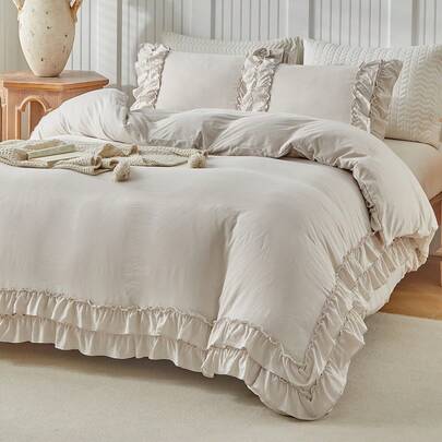 2/3pcs Beige Duvet Cover Set, Shabby Chic Bedding Set Soft Breathable Washed Microfiber Ruffle Duvet Cover Cute Comforter Cover Girls Women (1 Duvet+ 1/2 Pillowcases)