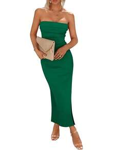 Women's Summer Bodycon Maxi Tube Dress Ribbed Strapless Side Slit Long Going Out Casual Elegant Party DressesHalloween Christmas New Year - 綠色 - 查看 1