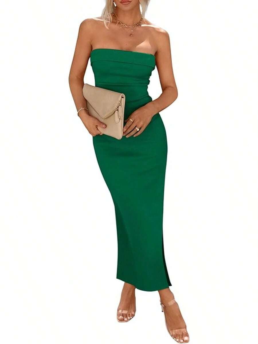 Women's Summer Bodycon Maxi Tube Dress Ribbed Strapless Side Slit Long Going Out Casual Elegant Party DressesHalloween Christmas New Year - 綠色 - 查看 1