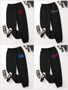 Customized Women's Sports Sweatpants - Customized Fleece And Thickened Pants, Add Your Text, Choose Font And Color, Sweatpants Customization, Custom Autumn And Winter Special Sports Pants, Design Your Own Personalized Pants As A Gift For Girlfriend, Family, Yourself, Anniversary, Festival, Etc. Customized Gifts, Customized Pants, Customized Text Pants, Women's Pants - Black - View 2