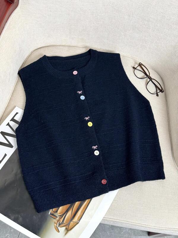 Nuevo chaleco de punto versátil con bordado de lazo para otoño/invierno, suéter de cárdigan dulce