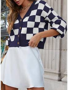 Women's Checkered Button Down Long Sleeve Knit Cropped Cardigan Sweater Tops, Style - Blue - View 2