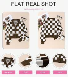 Women's Checkered Button Down Long Sleeve Knit Cropped Cardigan Sweater Tops, Style - 棕色 - 查看 6