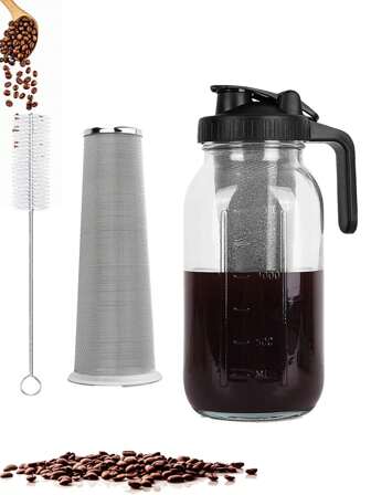 QQD Koudbrouwkoffiezetapparaat, 1 set glazen koffiepot met roestvrijstalen filter en borstel, koffiezetapparaat voor thuis, kantoor en school