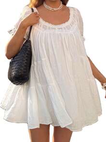 Baby Doll Mini Dress For Women Summer Solid Color Loose Bubble Short Sleeve Scoop Neck Dress - trắng - Xem 4