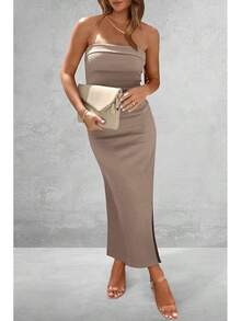 Women's Summer Bodycon Maxi Tube Dress Ribbed Strapless Side Slit Long Going Out Casual Elegant Party DressesHalloween Christmas New Year - 卡其色 - 查看 4