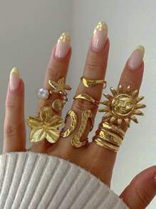 9-5 件复古时尚优雅复古硬币金属多元素彩色宝石、猫眼、水晶镶嵌亚克力可调节戒指套装，厚实锤纹不对称几何戒指，波西米亚风格多层堆叠戒指，适合女士、男士、情侣、夏季、度假、派对、婚礼、日常搭配、节日礼物 - 彩色 - 查看 19