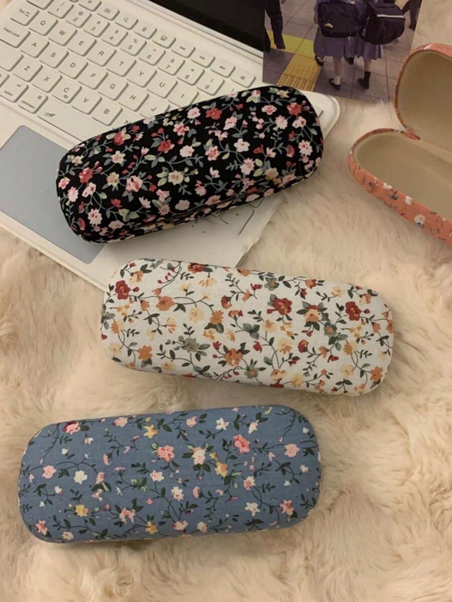 1個花卉鄉村風防刮眼鏡盒，硬殼眼鏡收納盒，輕量防震眼鏡盒，適合女性和學生作為禮物