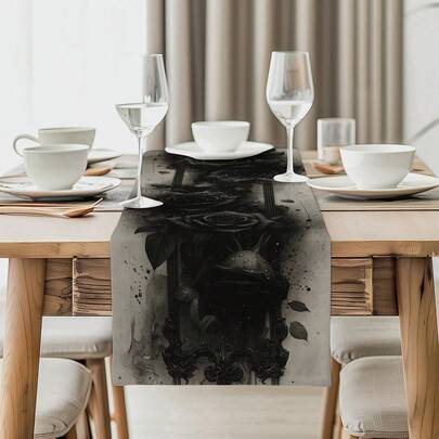 Caminhos de mesa vintage com estampa de gotas d'água em preto e branco, 1/4/10 peças, conjunto de caminhos de mesa e jogos americanos com tema de fantasia sombria, caminhos de mesa de tecido para decoração de mesa de feriados, decoração para casa, presente, adequado para celebrações internas e externas, artigos para festas sazonais, decoração de mesa de jantar de cozinha, decoração de mesa de festa, caminhos de mesa para decoração de sala de estar, toalha de mesa de restaurante