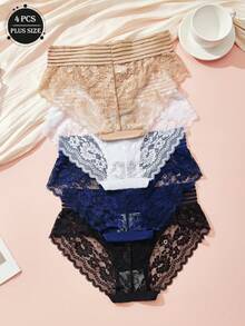 4 sztuki seksownych koronkowych, wyciętych, półprzezroczystych, jednolitych kolorów, średniej talii, plus size, damskich spodni trójkątnych, dojrzałego uroku, retro, romantycznej, francuskiej, słodkiej i uroczej bielizny, lekkie, miękkie i wygodne, całoroczne, odpowiednie do domu, podróży, na imprezy i prezenty