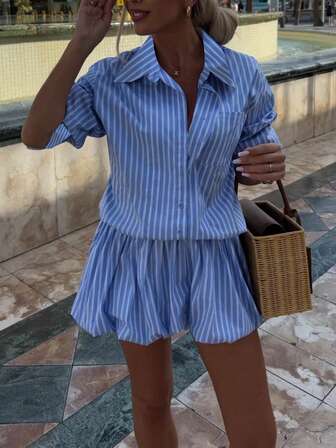 女式条纹前扣荷叶边下摆休闲优雅连衣裙