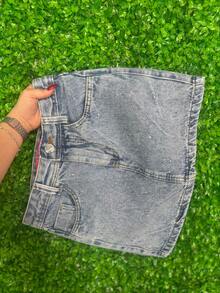 High-Waisted Marbled Denim Skirt With Hem And Rhinestone Appliqué | 100% Cotton - No Elastane - Màu Xám nhạt - Xem 7