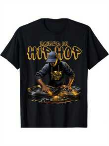 Men's Hip Hop DJ 50th Anniversary Graphic T-Shirt - Black With Yellow "Made Hip Hop" Lettering & DJ Turntable Art, Regular Fit Short Sleeve Casual Tee For Music Enthusiasts, Machine Washable Top| Dj Themed Apparel| Vibrant Print Quality - Black - View 2