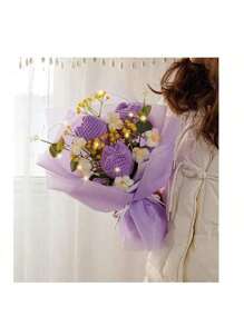 1 件手工钩针玫瑰和郁金香花束，针织花工艺品，生日/毕业礼物，送给女朋友，万圣节