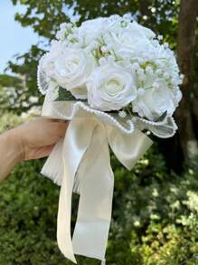 1 件满天星玫瑰新娘婚礼花束、白色新娘花束、婚礼人造花束、伴娘花束（配丝带）、情人节、装饰珍珠蕾丝网玫瑰花束 - 彩色 - 查看 2