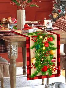 1pc 35x180cm Christmas Polyester Tablecloth, Red Christmas Theme With Floral Vine And Bow Design, Suitable For Home Dining Table, Coffee Table, Christmas Party Decor, High-End Holiday Atmosphere Textile Accessory - Multicolor - View 9