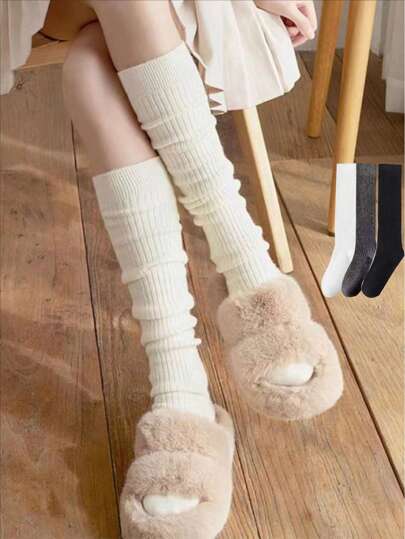 秋冬季女士针织袜纯色竖条纹保暖过膝袜原宿风洛丽塔袜Y2k，舒适袜