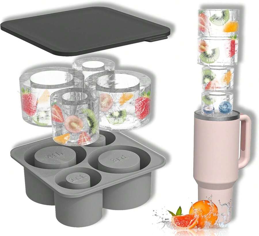 Silicone Ice Tray Set Designed For - Fits 20-40 Oz Glass And Cups, Upgraded With 4 Compartment Silicone Cylinder Ice Molds, Multipurpose Ice Tray For Various Beverages,11114386 - 灰色 - 查看 1