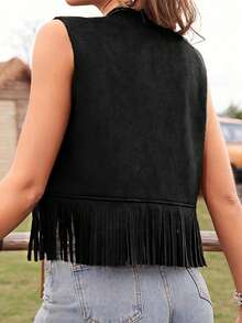 Women Vest, Sleeveless Open Front Tasseled Solid Outwear Gilet For Casual Street - màu đen - Xem 3