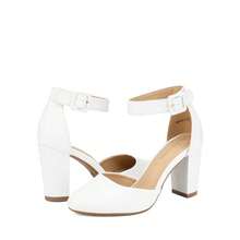 Women's High Heel Closed Toe Dress Shoes Chunky Wedding Pumps For Ladies - White - View 8