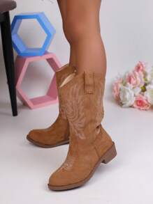 Autumn/Winter New Kids Boots, Embroidered Fashion Western Cowboy Boots, Pointed Toe Chunky Heel Lightweight Stylish Ankle Boots, Suitable For Girls To Attend Parties And Outings