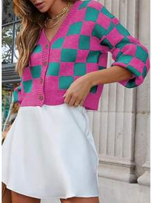 Women's Checkered Button Down Long Sleeve Knit Cropped Cardigan Sweater Tops, Style - Rose - View 2