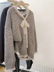 Women's Casual Cute Lace Trim Grey Knitted Sweater Top Pullover Long Sleeve Drop Shoulder Sweet Chic Office Work Fall Winter Going Out Outfits Clothes Christmas Thanksgiving
