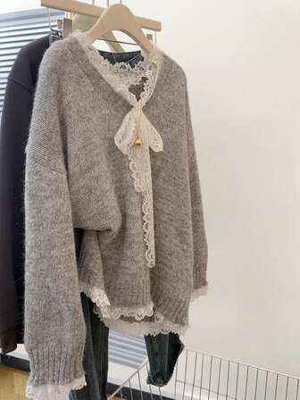 Women's Casual Cute Lace Trim Grey Knitted Sweater Top Pullover Long Sleeve Drop Shoulder Sweet Chic Office Work Fall Winter Going Out Outfits Clothes Christmas Thanksgiving
