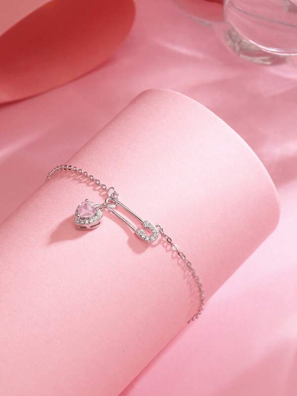 1pc S925 Sterling Silver Bracelet, Sparkling Rhinestone Heart & Safety Pin Design, Luxury Jewelry With Colorful Zirconia Stones, Elegant Gift For Women, Girlfriend, Mother
