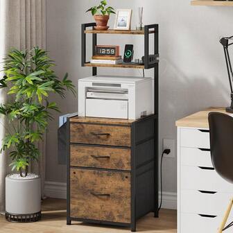 3 Drawer File Cabinet  Charging Station (2AC&2USB), 3-Tier Tall Filing Cabinet For Home Office  Storage Shelf, Printer Stand, Fabric Drawer Fits A4Letter Size, 45''H, Rustic Brown15''Rustic Brown