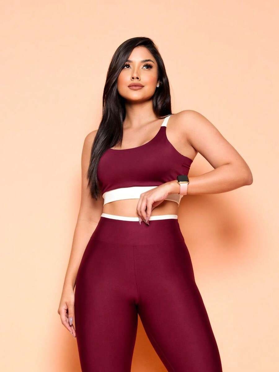 Premium Suplex Fitness Set With Pants And Non-Transparent Cup Top, Fitness Gym Clothing Kit, High Compression Leggings - 酒紅色 - 查看 1